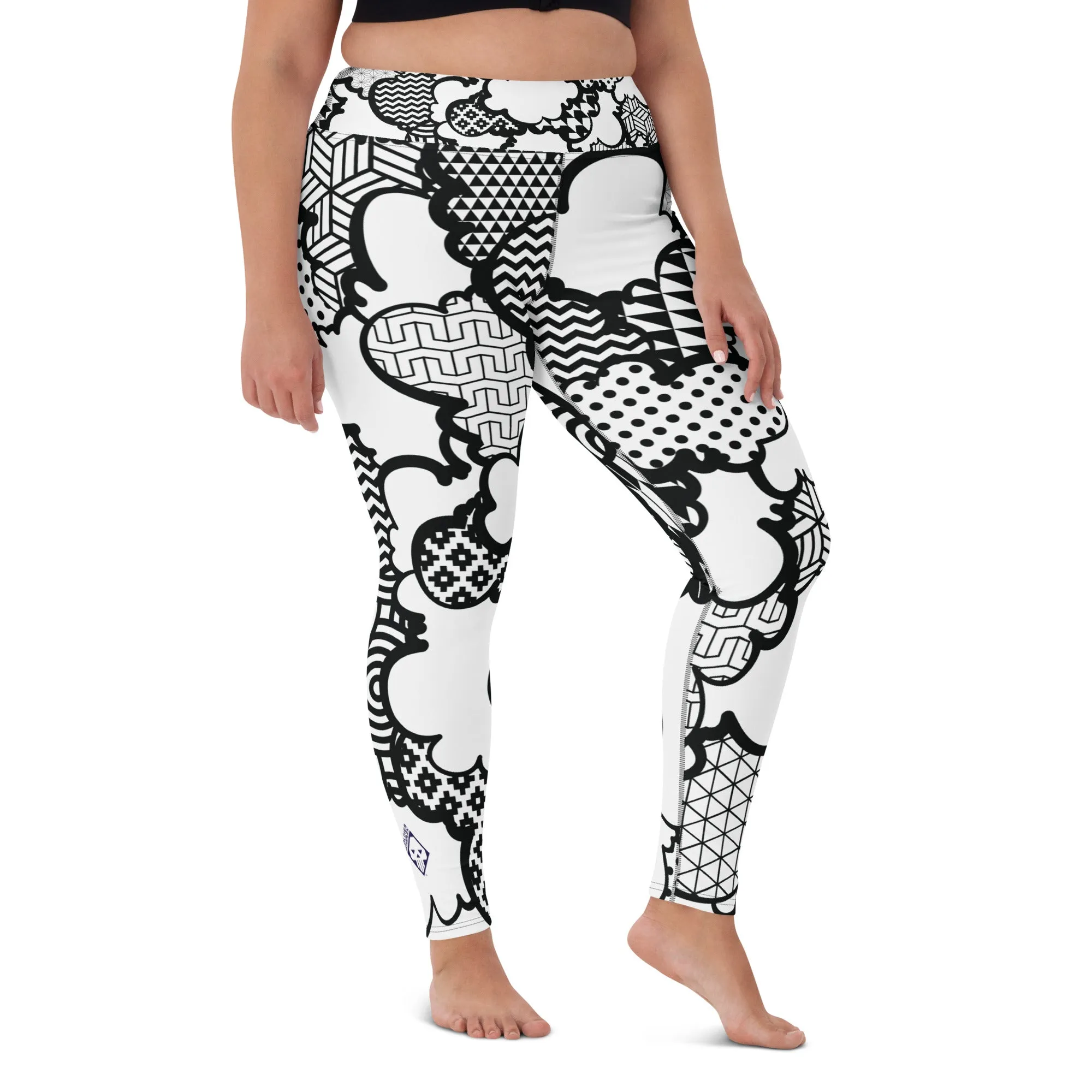 Women's Black and White Graffiti Clouds High Waist Yoga Pants Workout Leggings For Jiu Jitsu 001