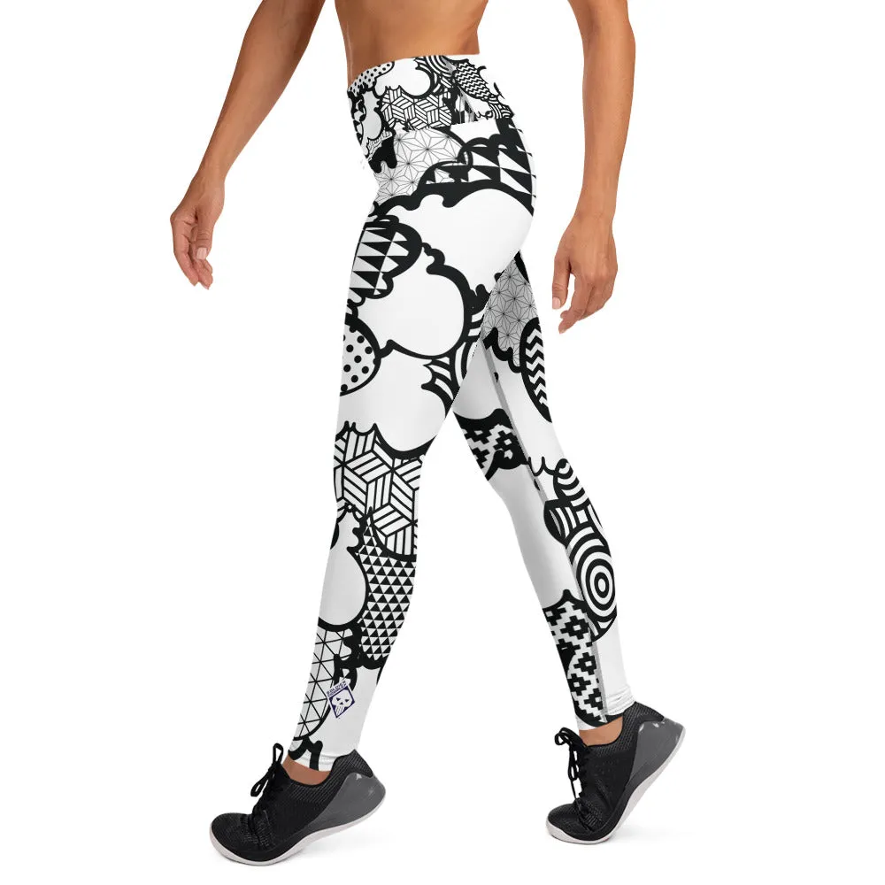 Women's Black and White Graffiti Clouds High Waist Yoga Pants Workout Leggings For Jiu Jitsu 001