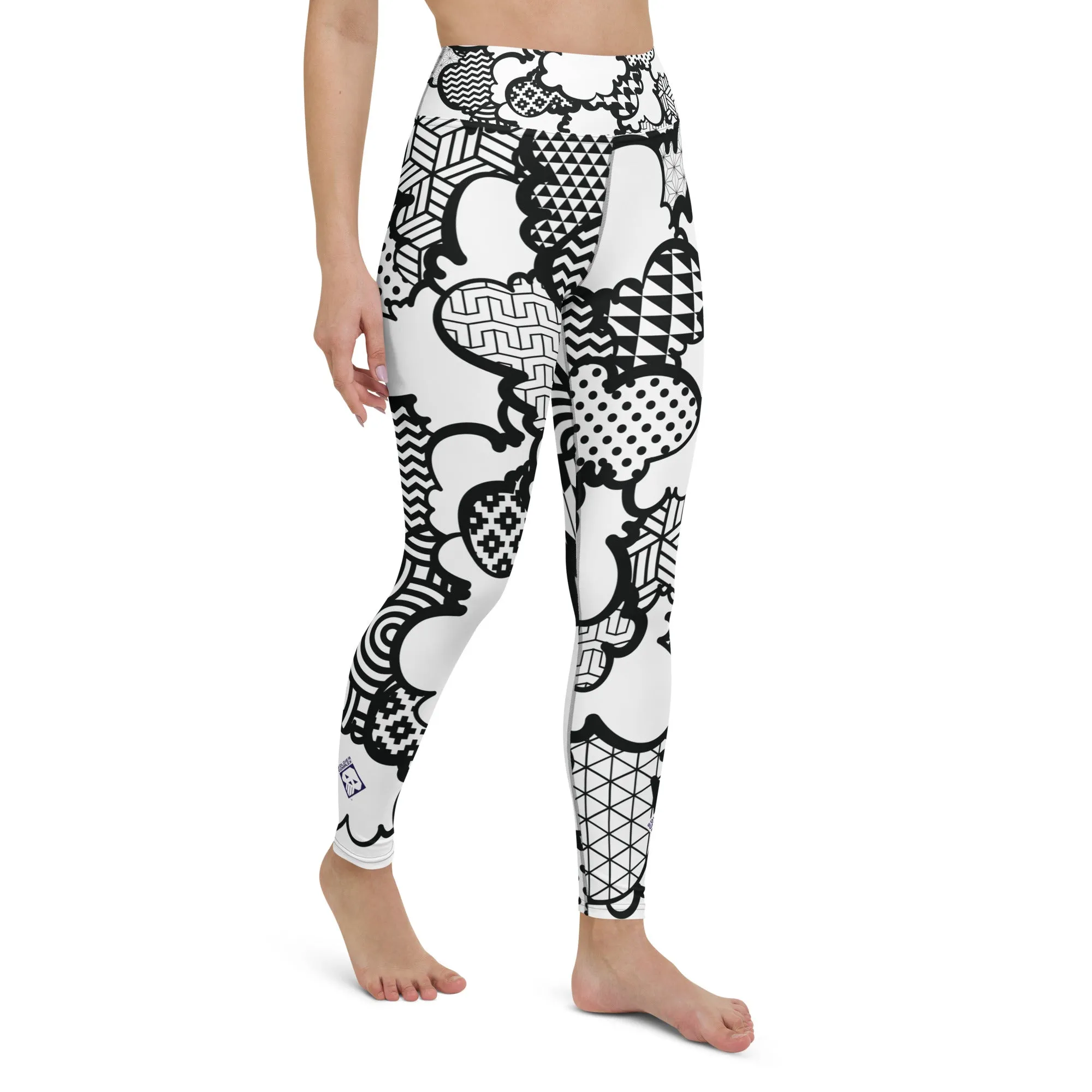 Women's Black and White Graffiti Clouds High Waist Yoga Pants Workout Leggings For Jiu Jitsu 001