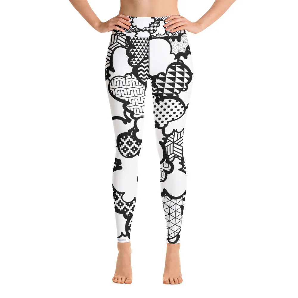 Women's Black and White Graffiti Clouds High Waist Yoga Pants Workout Leggings For Jiu Jitsu 001