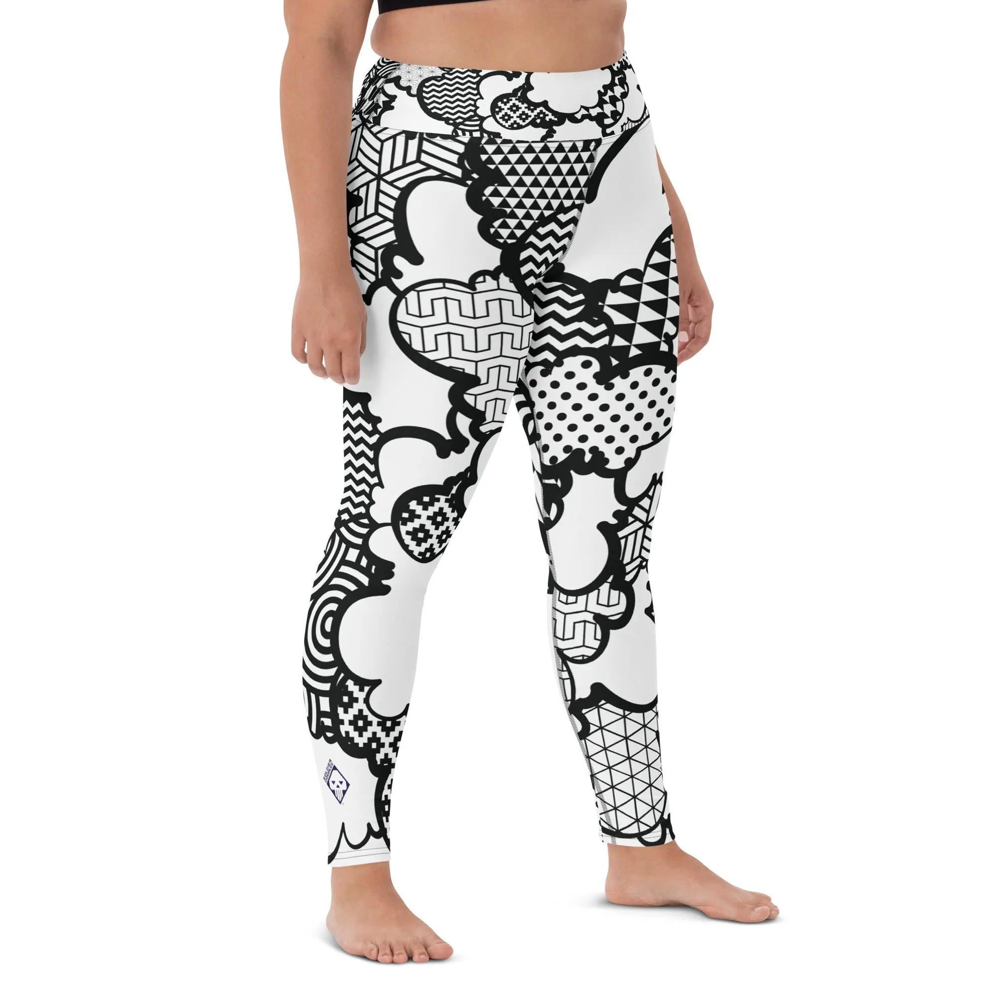 Women's Black and White Graffiti Clouds High Waist Yoga Pants Workout Leggings For Jiu Jitsu 001