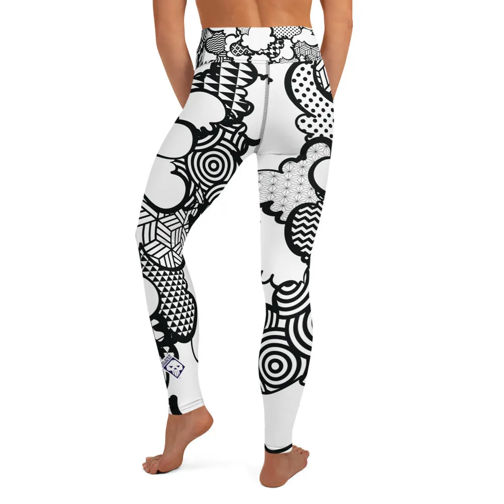 Women's Black and White Graffiti Clouds High Waist Yoga Pants Workout Leggings For Jiu Jitsu 001